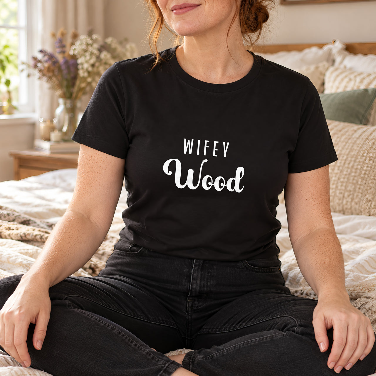 Wifey Surname Iron-On Transfer, shown on a black t-shirt