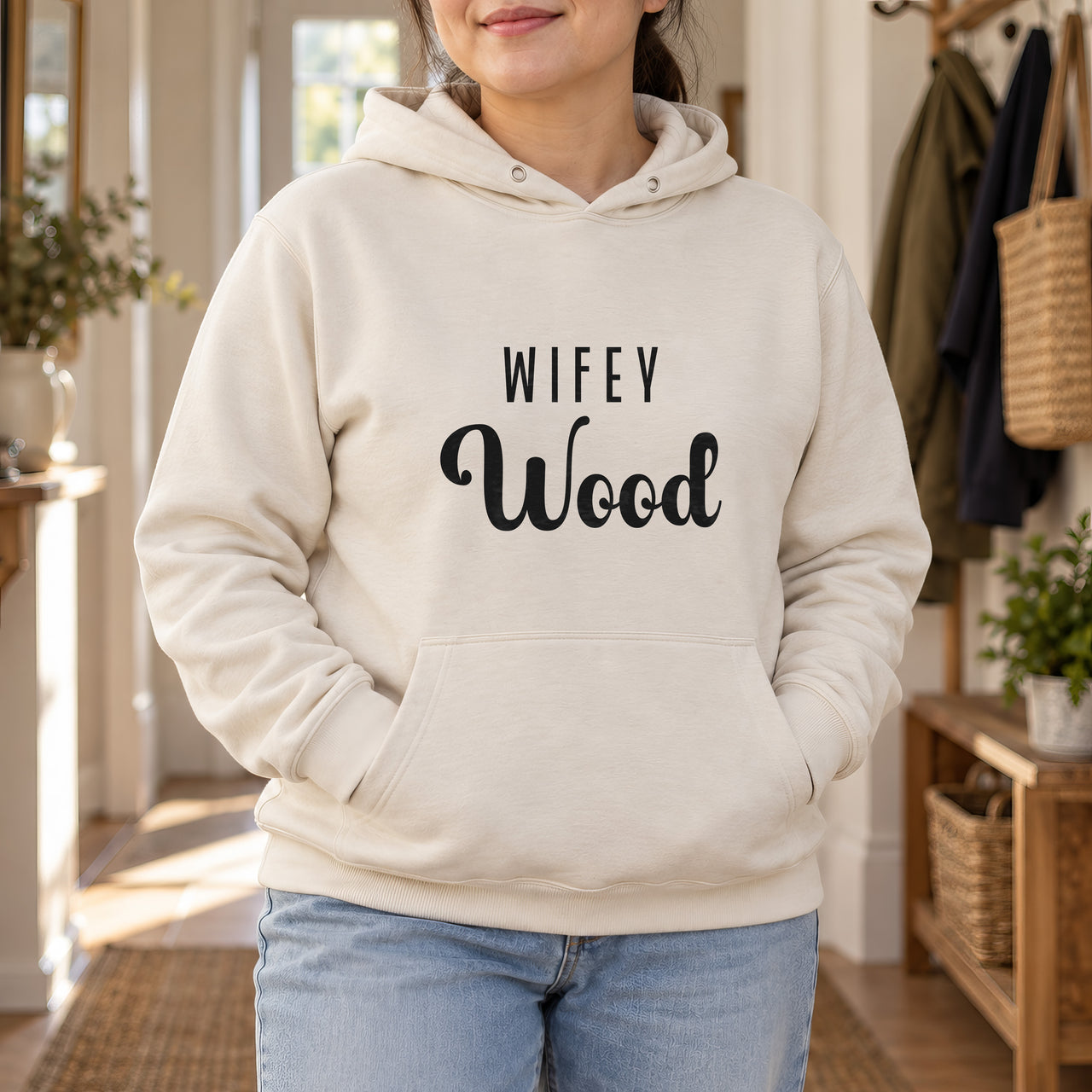 Wifey Surname Iron-On Transfer, shown on a natural hoodie