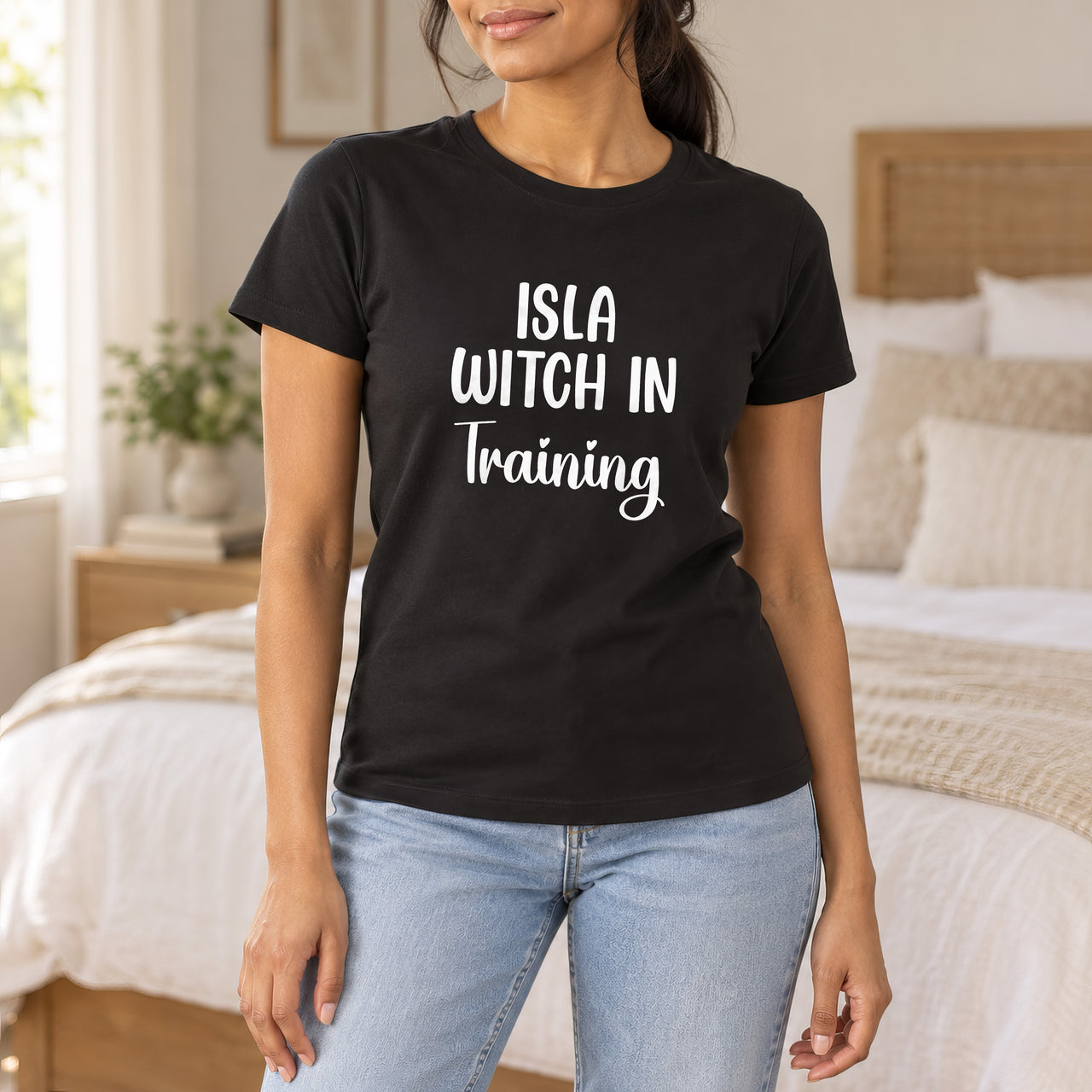 Witch In Training Iron-On Transfer - Personalised Name Design, shown on a black t-shirt