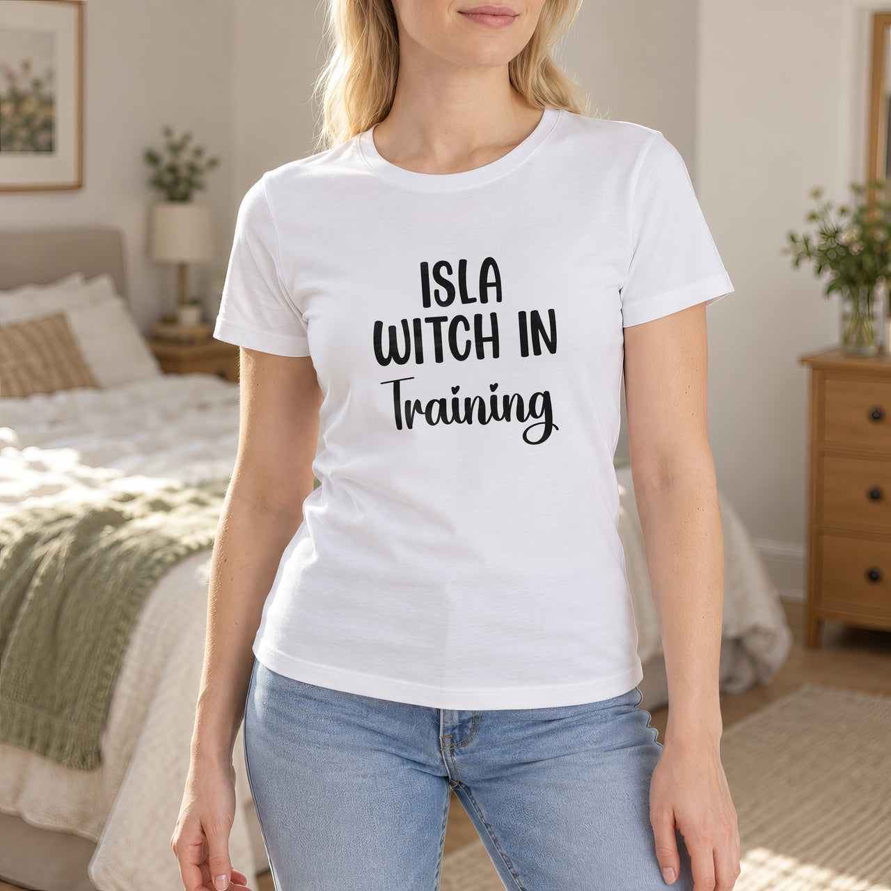 Witch In Training Iron-On Transfer - Personalised Name Design, shown on a white t-shirt