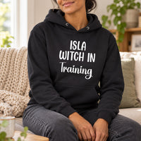 Witch In Training Iron-On Transfer - Personalised Name Design, shown on a black hoodie