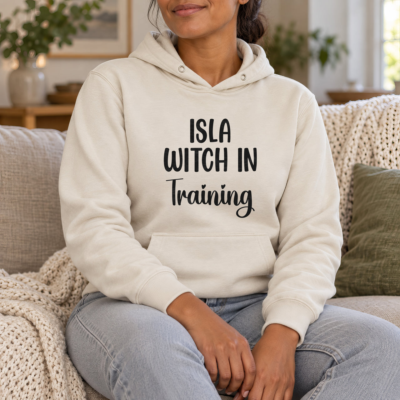 Witch In Training Iron-On Transfer - Personalised Name Design, shown on a natural hoodie