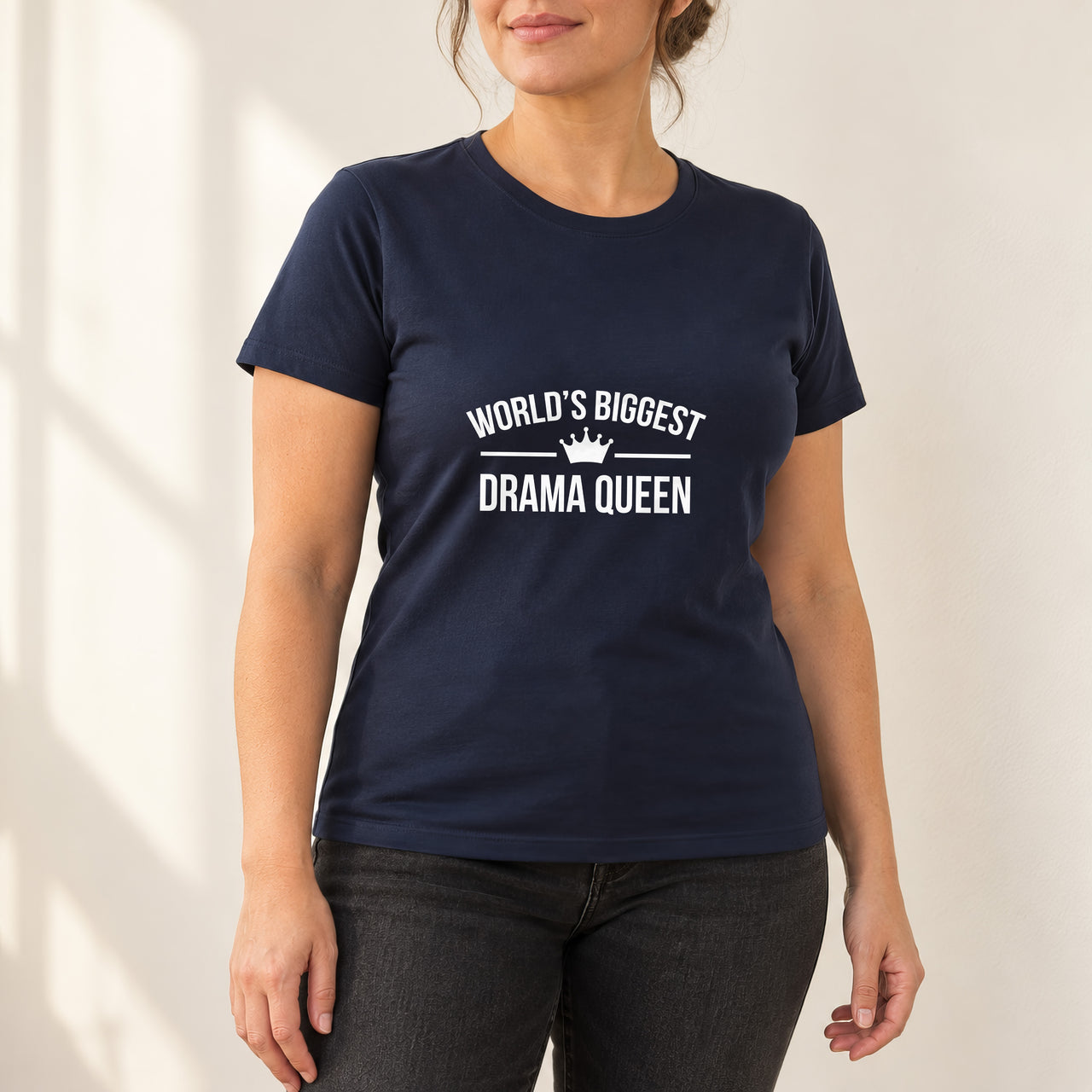 World's Biggest Drama Queen Iron-On Transfer, shown on a navy t-shirt