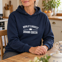 World's Biggest Drama Queen Iron-On Transfer, shown on a navy hoodie