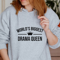 World's Biggest Drama Queen Iron-On Transfer shown on a hoodie