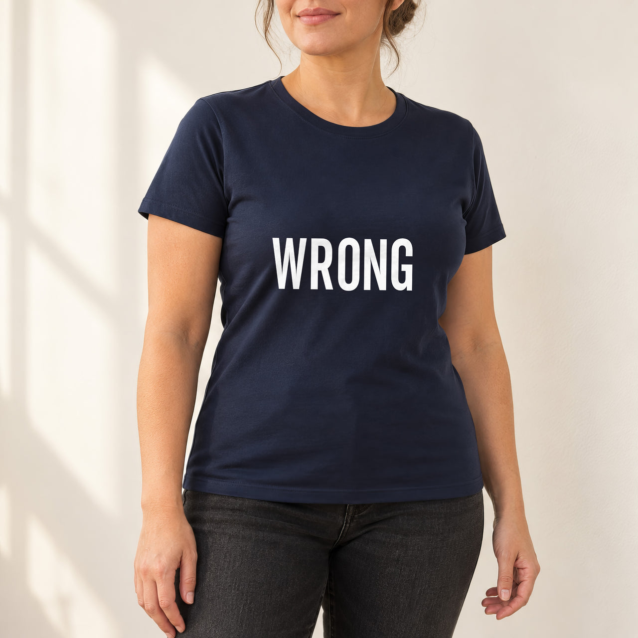 Wrong Way Iron-On Transfer - Mirror Text Novelty Design, shown on a navy t-shirt