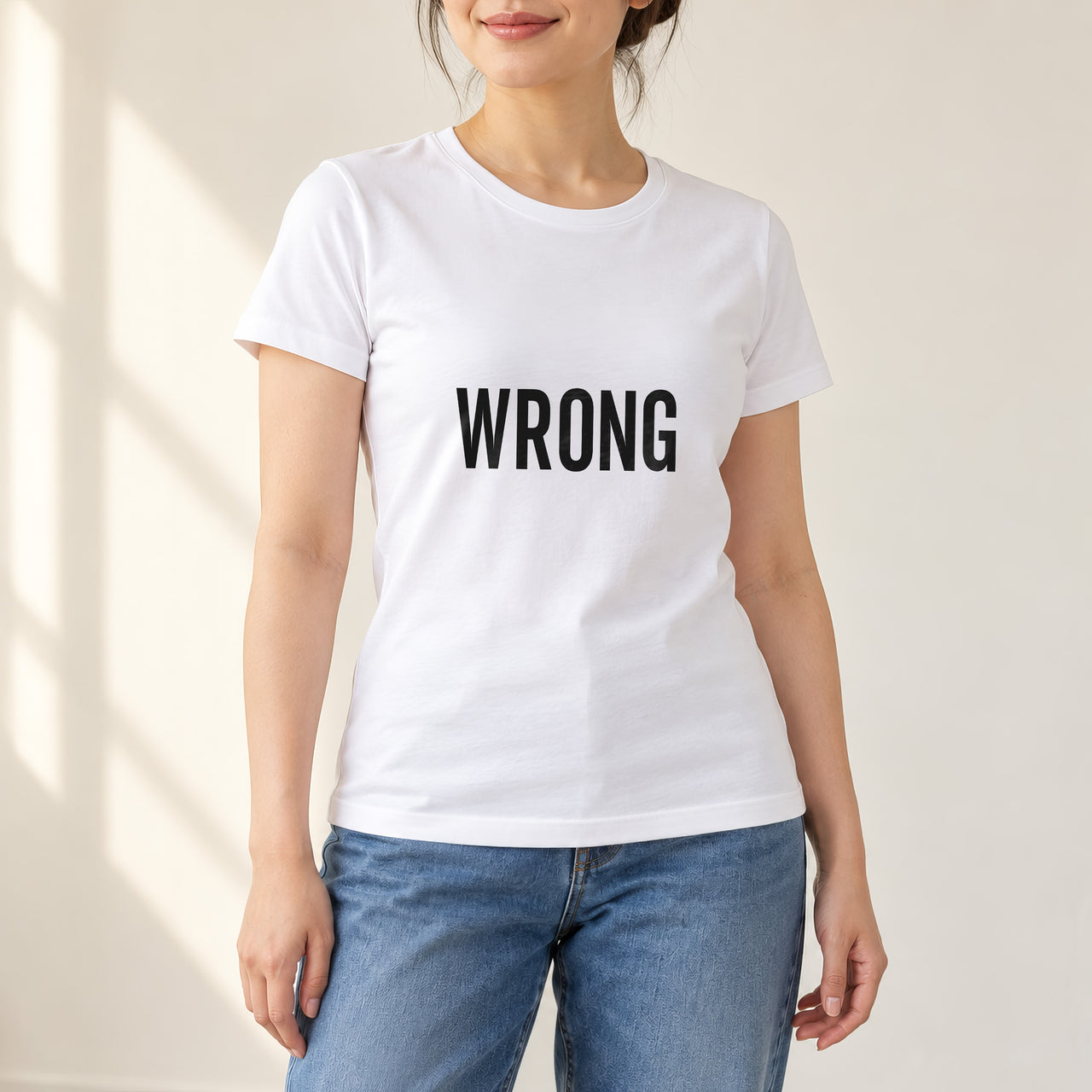 Wrong Way Iron-On Transfer - Mirror Text Novelty Design, shown on a white t-shirt