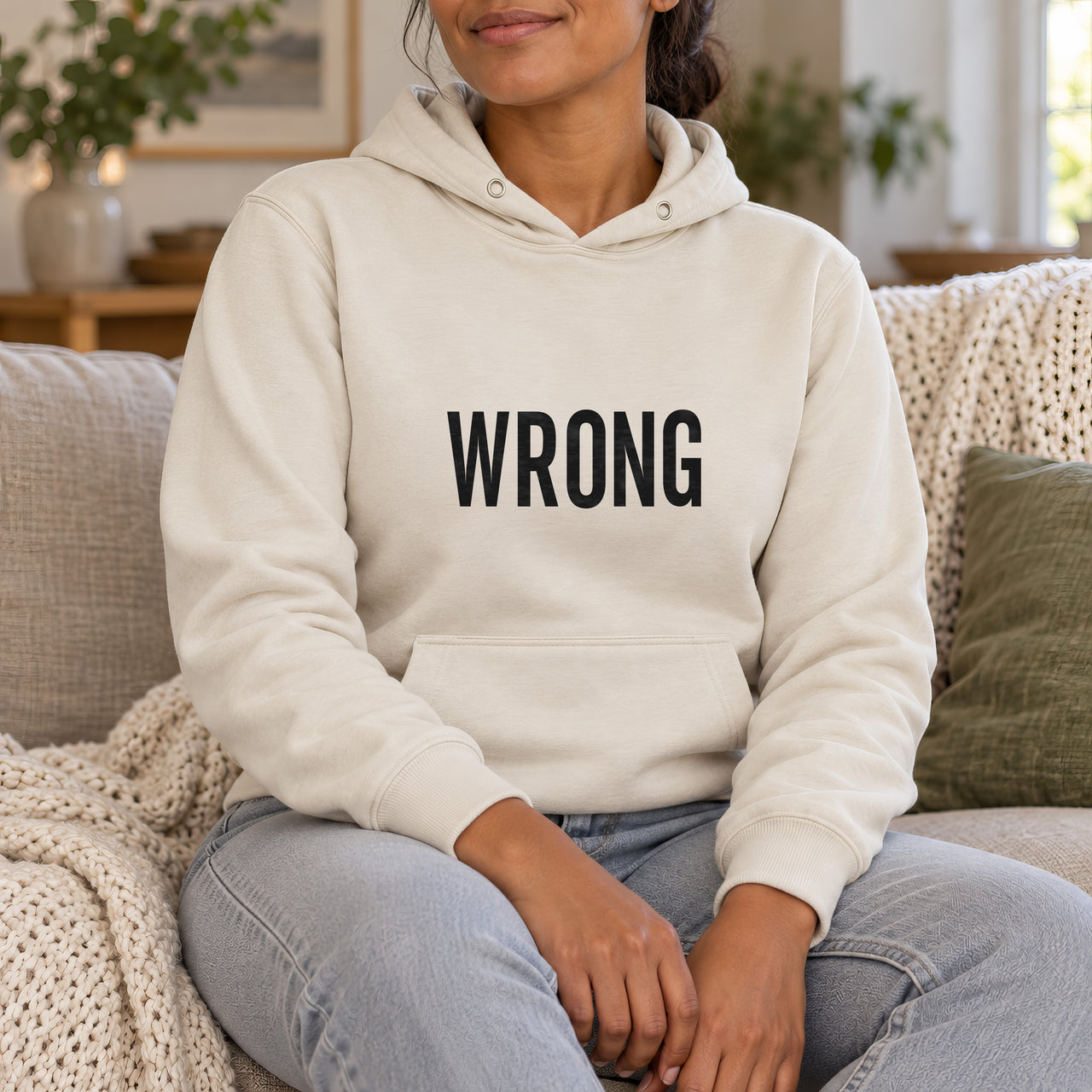 Wrong Way Iron-On Transfer - Mirror Text Novelty Design, shown on a natural hoodie