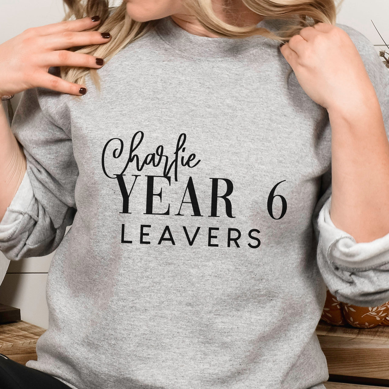 Year 6 Leavers Iron-On Transfer shown on a sweatshirt