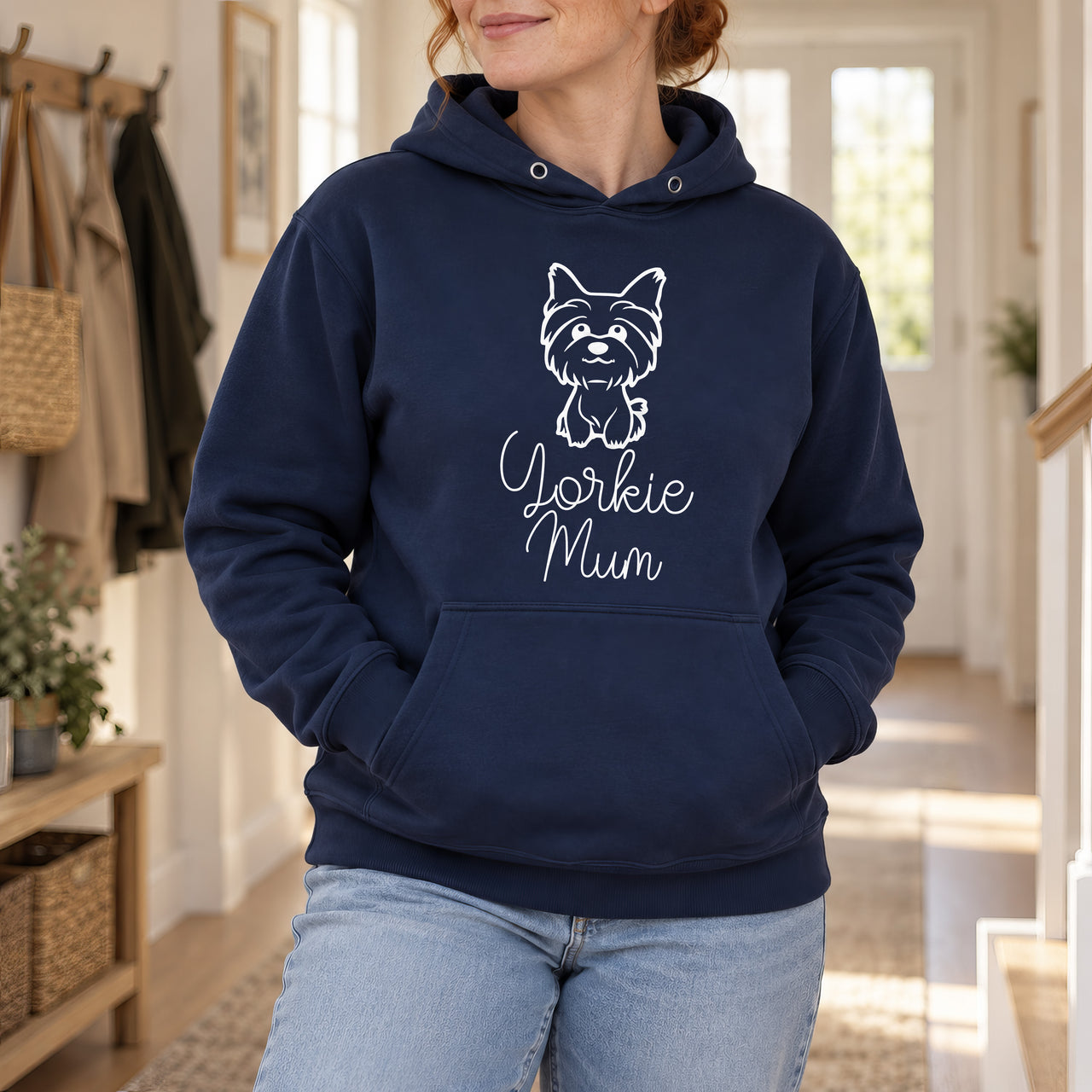 Yorkie Mum Iron-On Transfer - Yorkshire Terrier Design, shown on a navy hoodie