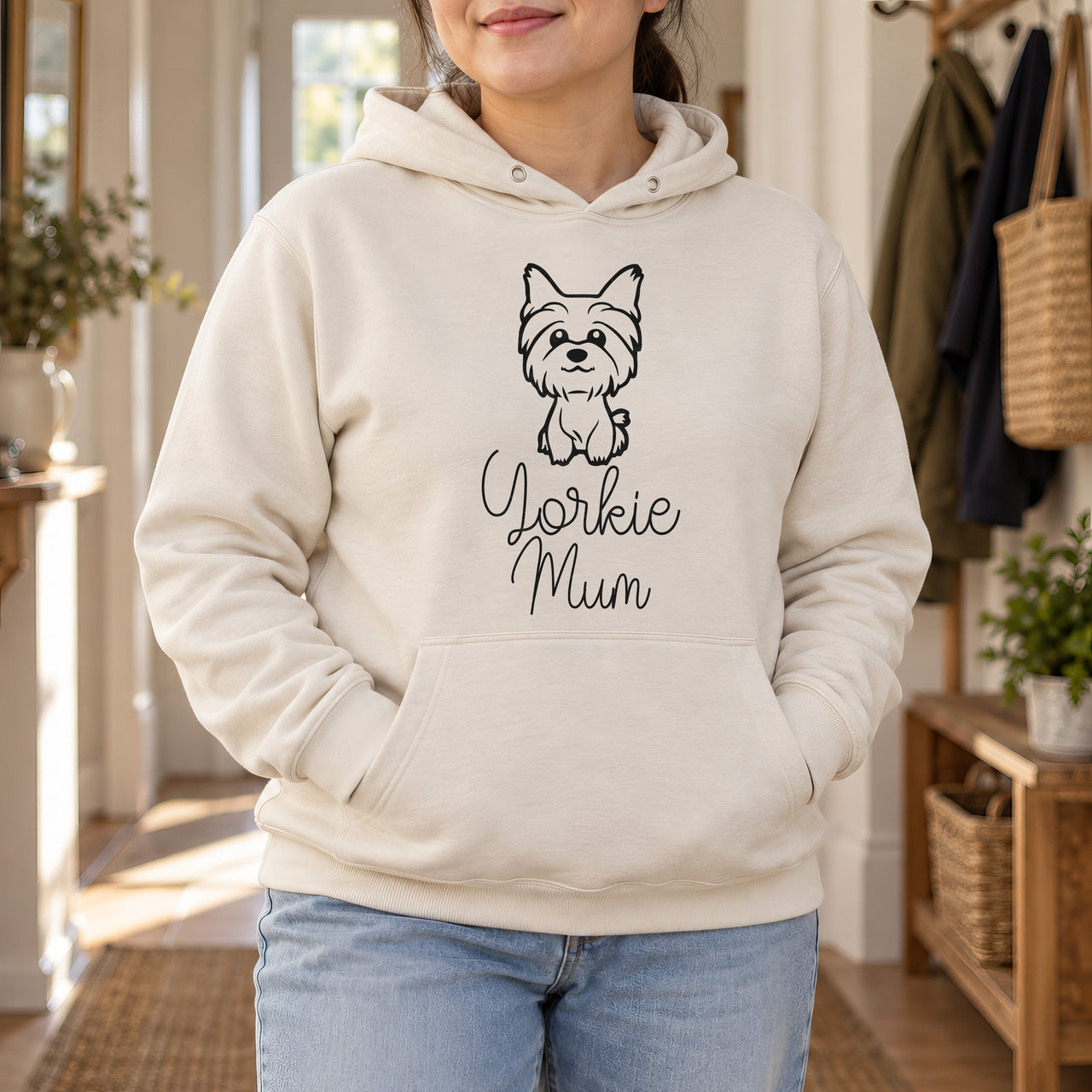 Yorkie Mum Iron-On Transfer - Yorkshire Terrier Design, shown on a natural hoodie