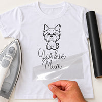 White T-shirt with black line drawing of a small dog and script 'Yorkie Mum', film peeled off - iron-on vinyl transfer