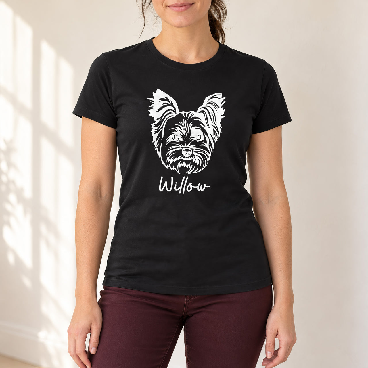 Yorkshire Terrier Iron-On Transfer - Personalised Pet Name Design, shown on a black t-shirt