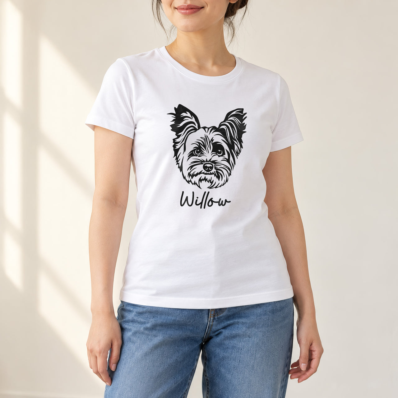 Yorkshire Terrier Iron-On Transfer - Personalised Pet Name Design, shown on a white t-shirt
