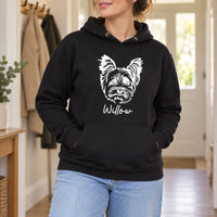 Yorkshire Terrier Iron-On Transfer - Personalised Pet Name Design, shown on a black hoodie