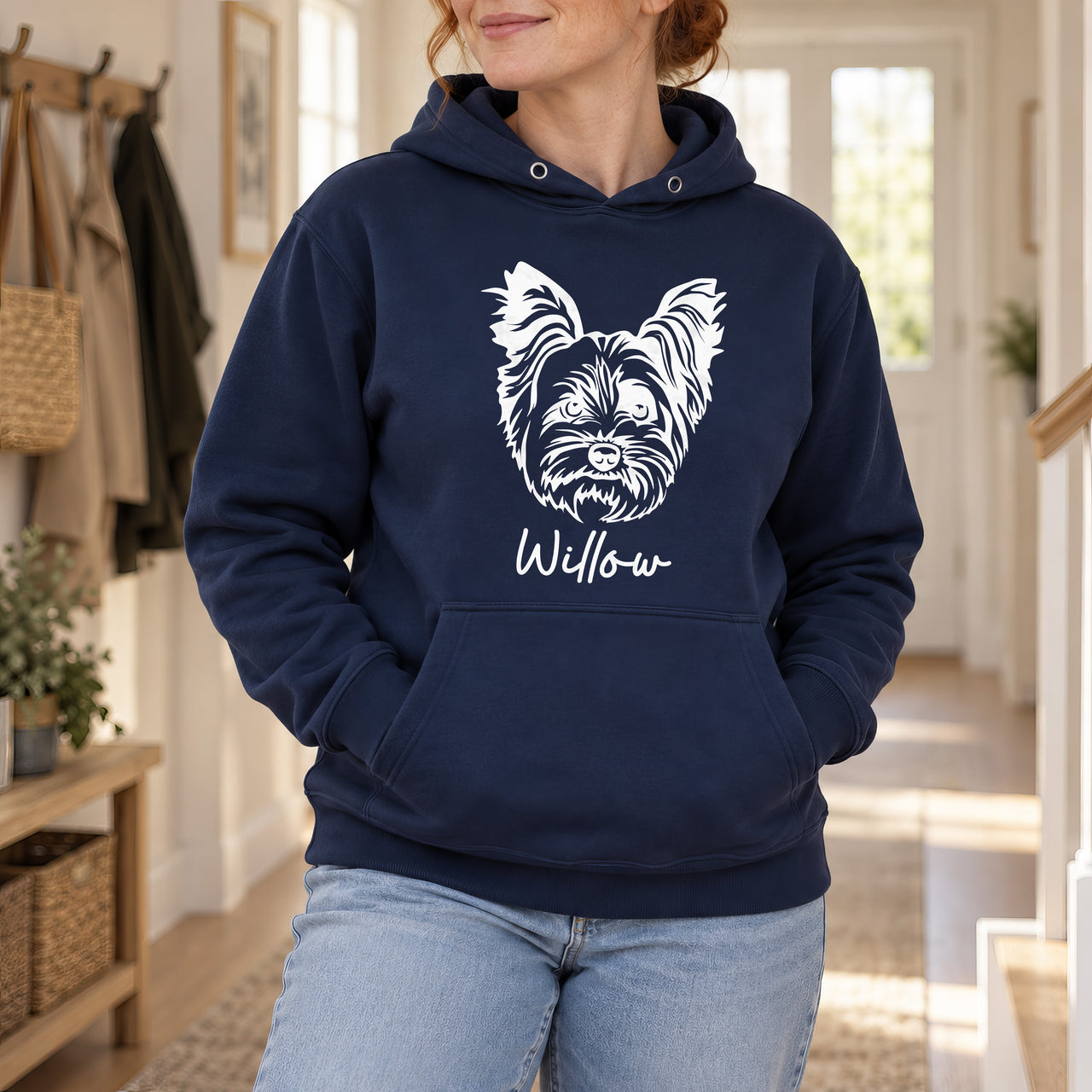 Yorkshire Terrier Iron-On Transfer - Personalised Pet Name Design, shown on a navy hoodie