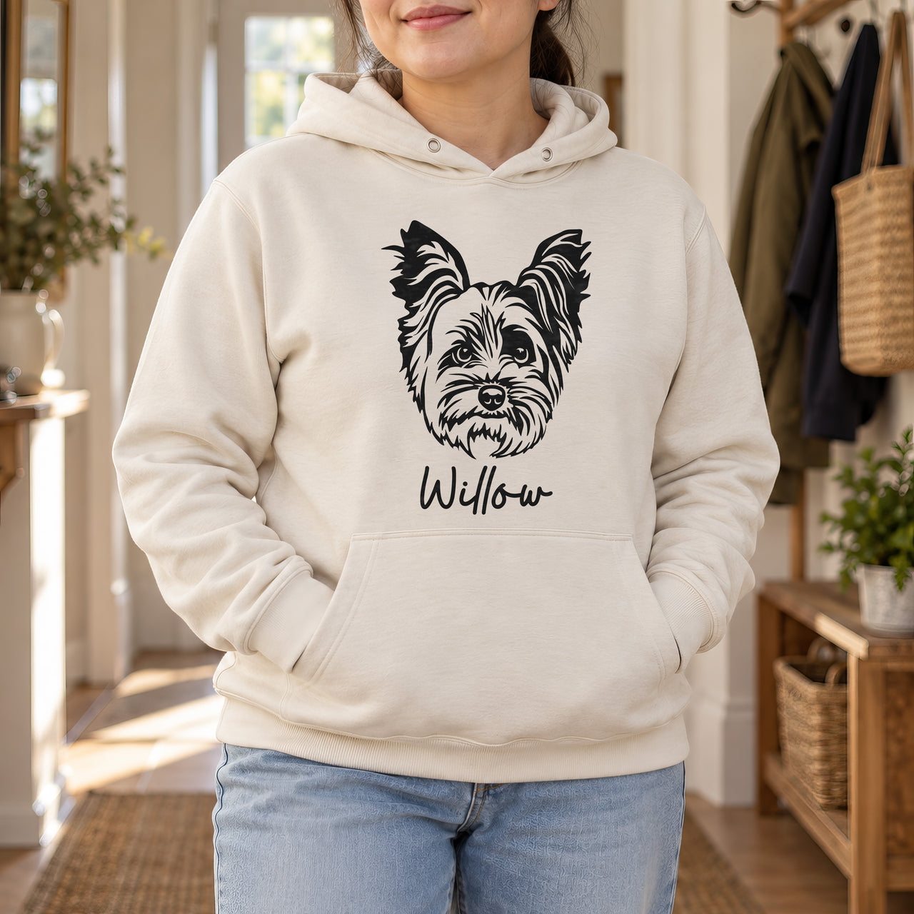 Yorkshire Terrier Iron-On Transfer - Personalised Pet Name Design, shown on a natural hoodie