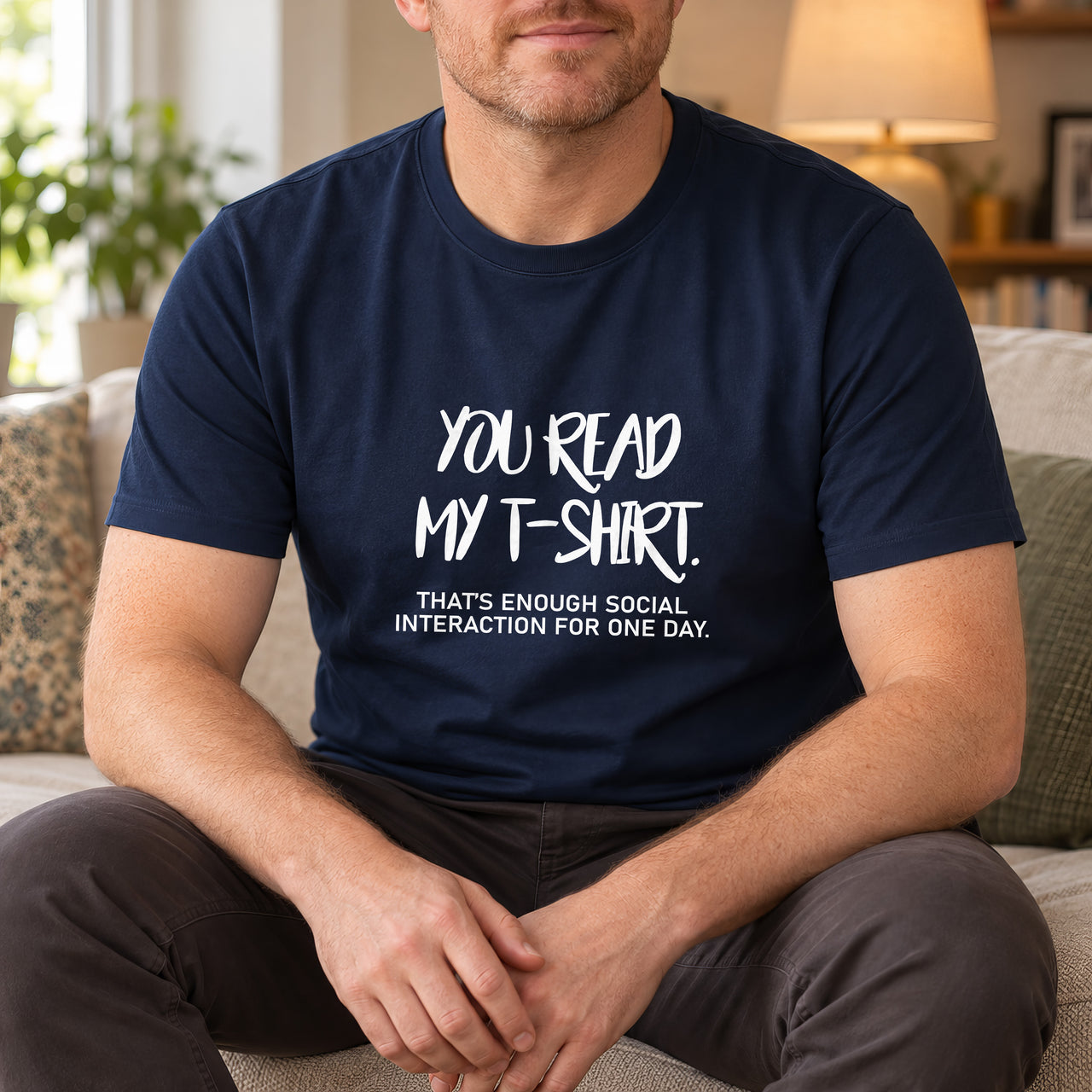 You Read My T-Shirt Iron-On Transfer, shown on a navy t-shirt