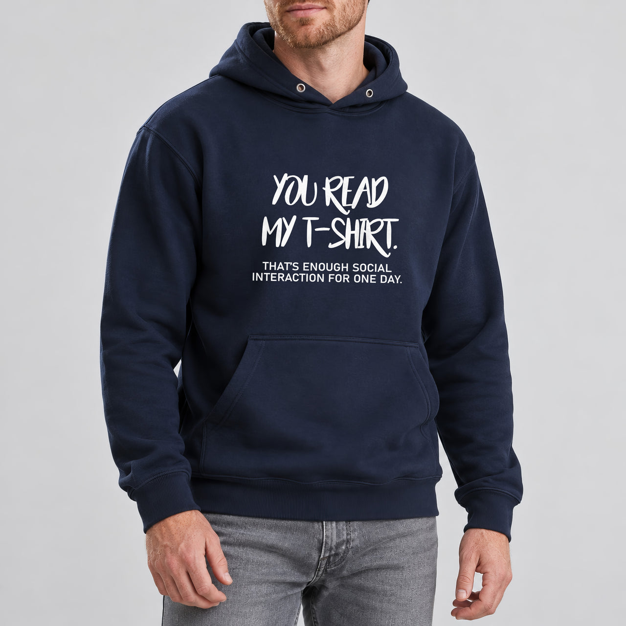 You Read My T-Shirt Iron-On Transfer, shown on a navy hoodie