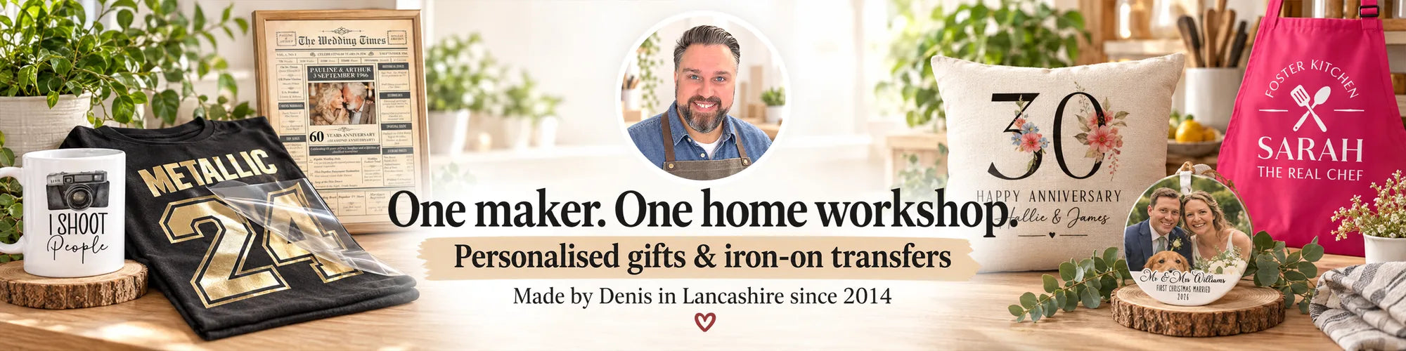 Denis in his home workshop with personalised mugs, cushions and iron-on transfers