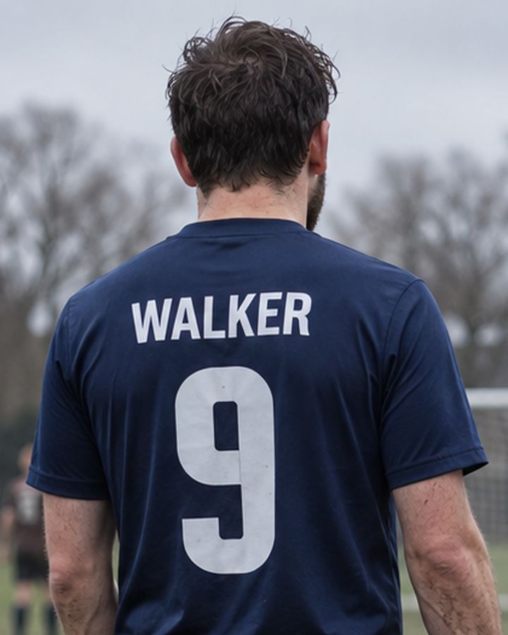 Player in a navy shirt seen from the back, WALKER 9 in white