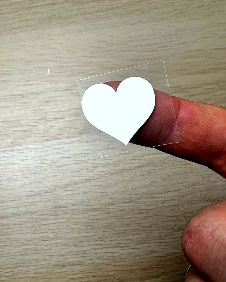 White test heart on its clear carrier, held on a fingertip