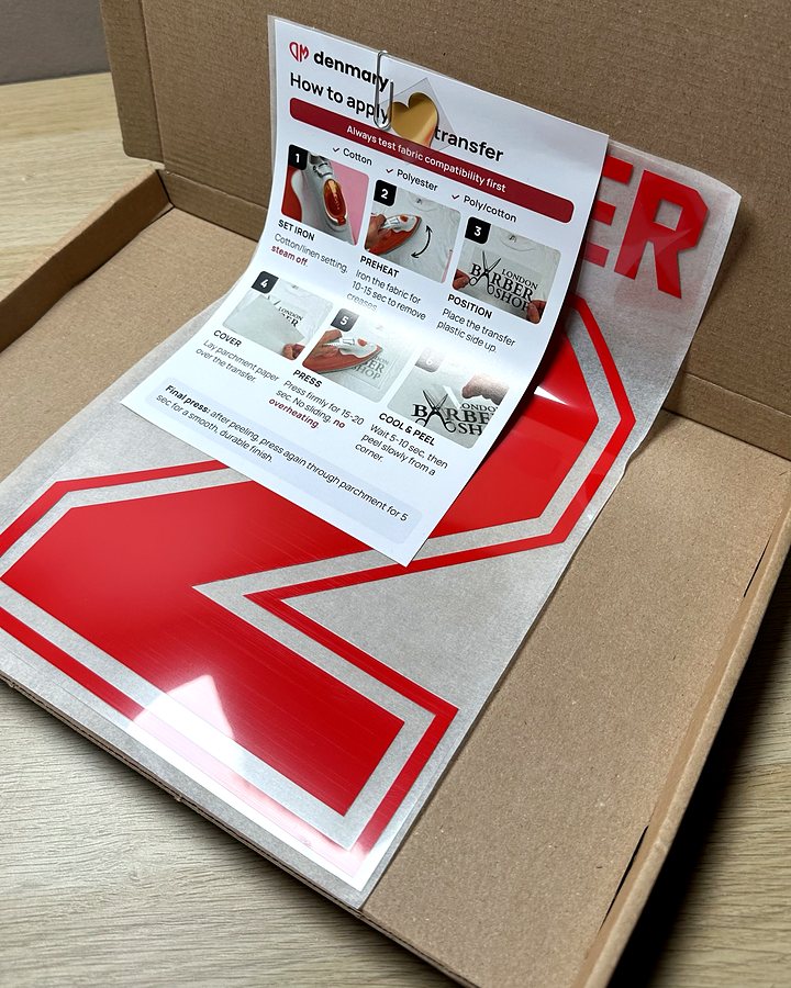 Open small box with a red name and number transfer on its clear sheet and the printed how-to card