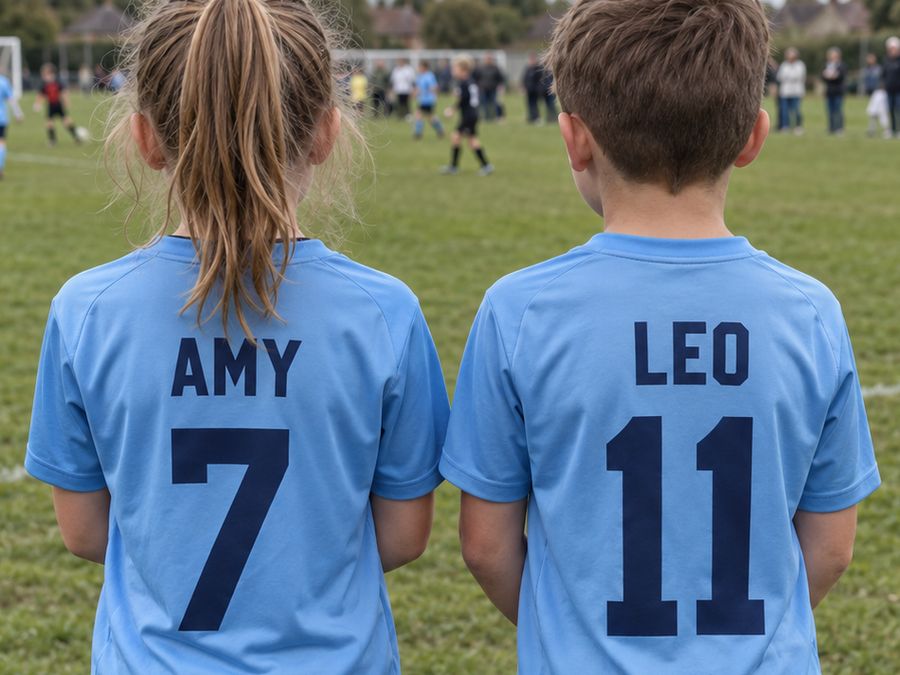 Two children seen from the back in sky blue kit, AMY 7 and LEO 11 in navy