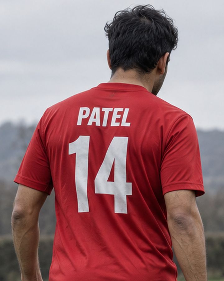 Player in a red shirt seen from the back, PATEL 14 in white