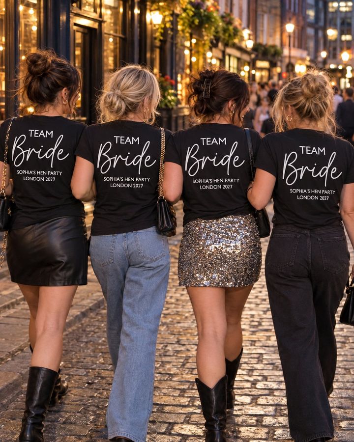 Four friends seen from behind on a cobbled London street at night, black tees with Team Bride, Sophia's Hen Party, London 2027 in white