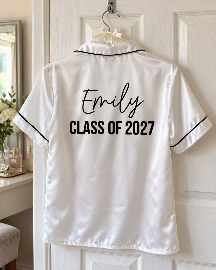 White satin pyjama shirt on a bedroom door, Emily, Class of 2027 in black on the back
