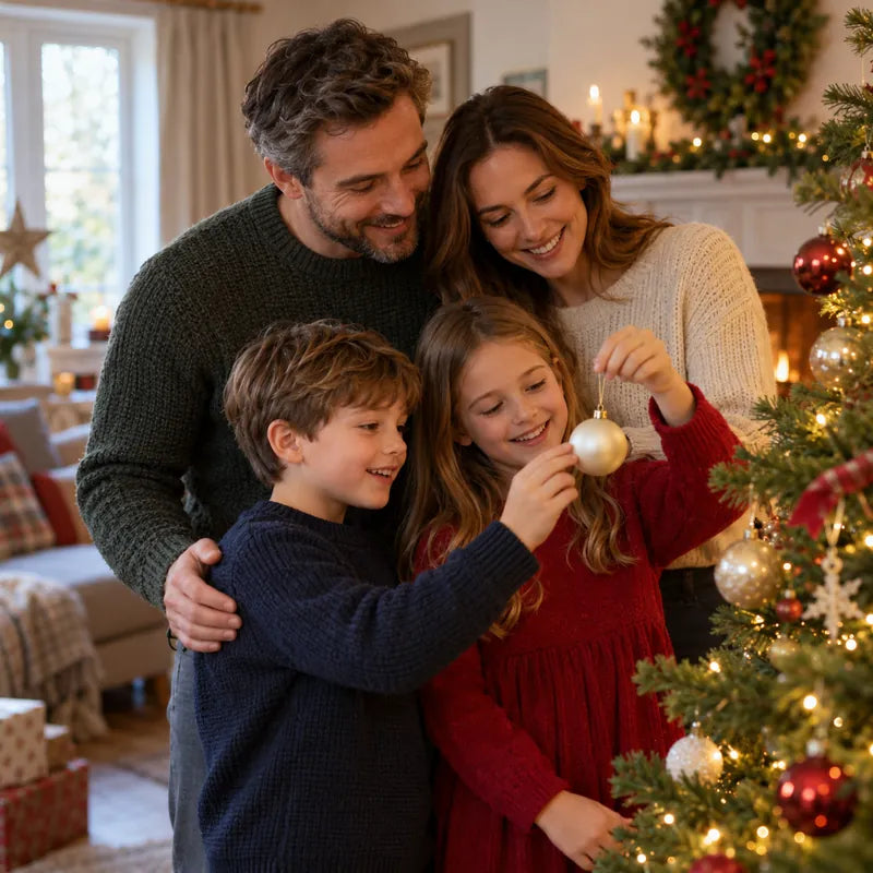Family hanging a bauble on the Christmas tree
