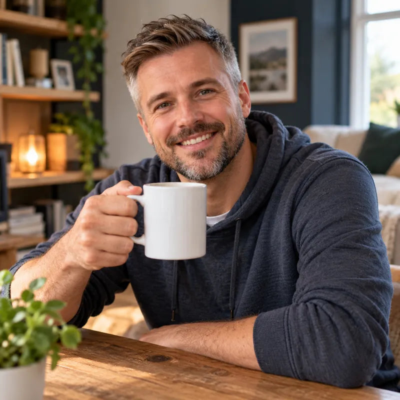 Smiling man with a mug at a kitchen table