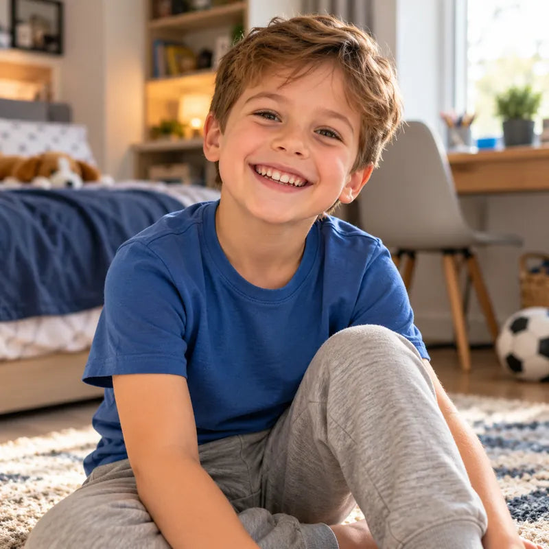 Happy boy in a plain blue T-shirt