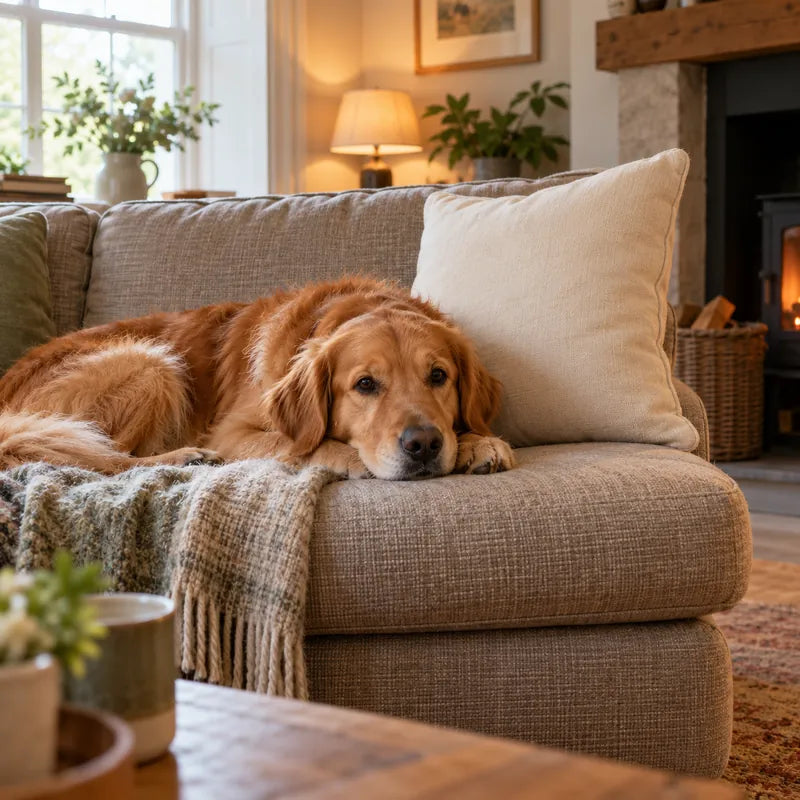 Golden dog resting next to a cushion on a sofa